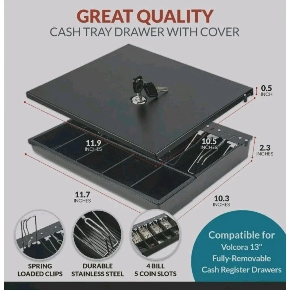 Volcora Cash Drawer Tray with Locking Cover - 14.1 x 13 x 2.5 Inch Metal Cash...